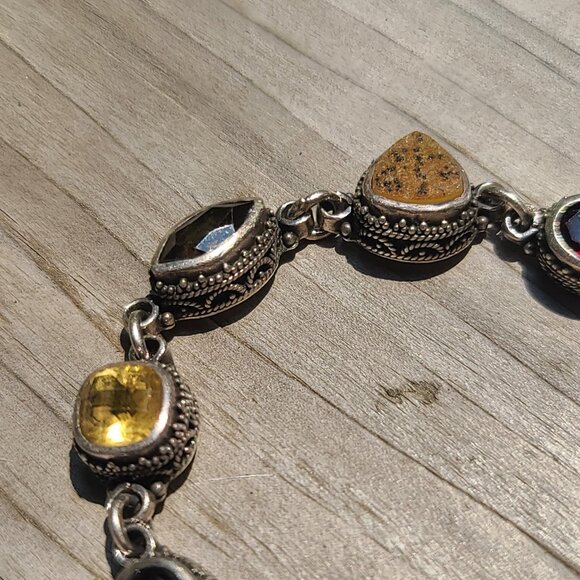 Handmade Sterling Silver Toggle Bracelet with Multi Gemstones and Ornate Detail - Picture 3 of 12